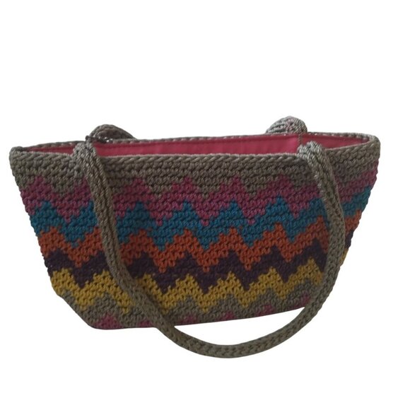 The SAK Multicolor Zig Zag Striped Zippered Crochet Double Strap Purse Boho - Picture 1 of 5